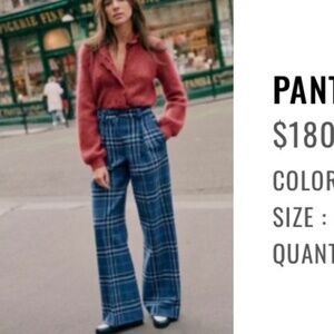 Sezane Theophile Blue Plaid Wide Leg Pants